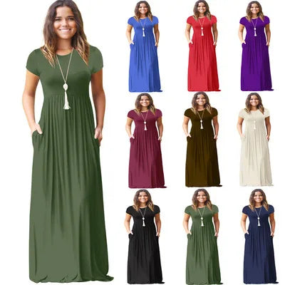 Female Solid Long Boho Dress Lady Beach Summer Sundrss Maxi Dress Women's Sleeveless Solid Color Pocket Dress Vestido De Verano