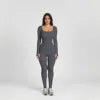 Autumn Hot Selling Long Sleeve Solid Color Fitness Ribbed Strech O-Neck Bodycon Women Jumpsuits