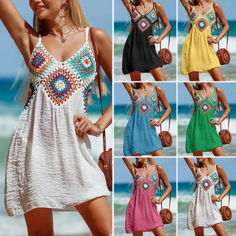 Women's Summer Cutout Beach Cover up Dress V Neck Sundress Casual Backless Sexy Floral Spaghetti Strap Knit Hollow Dress