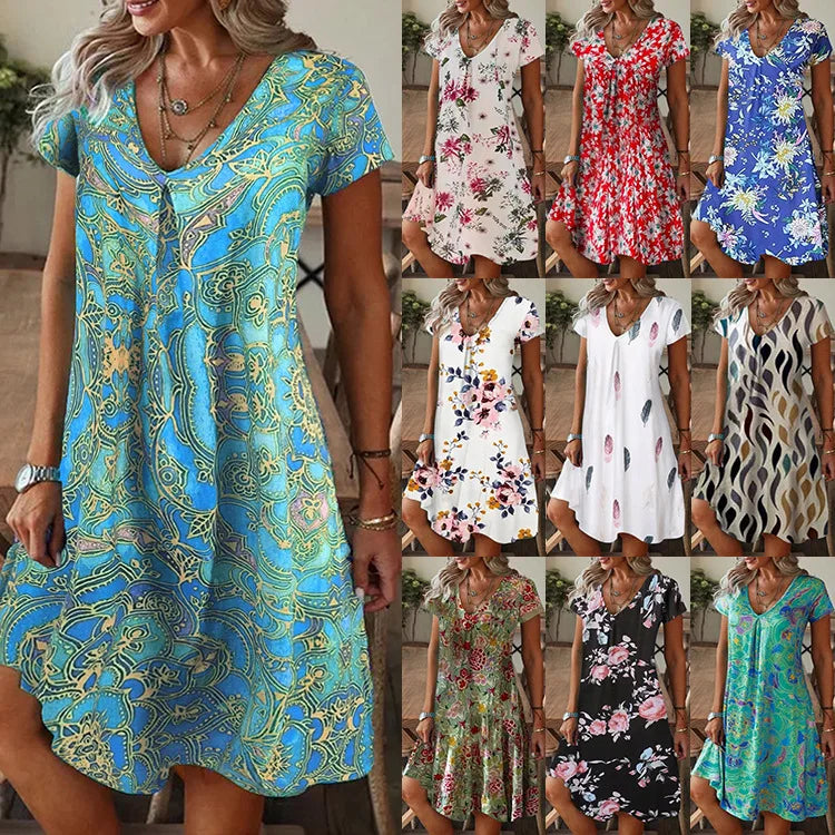 Women's Party Formal V-Neck Summer Jersey Dress Long Knee Floral Printed Full Digital Regular Fit Short Sleeved Woven Breathable