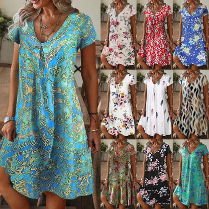 Women's Party Formal V-Neck Summer Jersey Dress Long Knee Floral Printed Full Digital Regular Fit Short Sleeved Woven Breathable