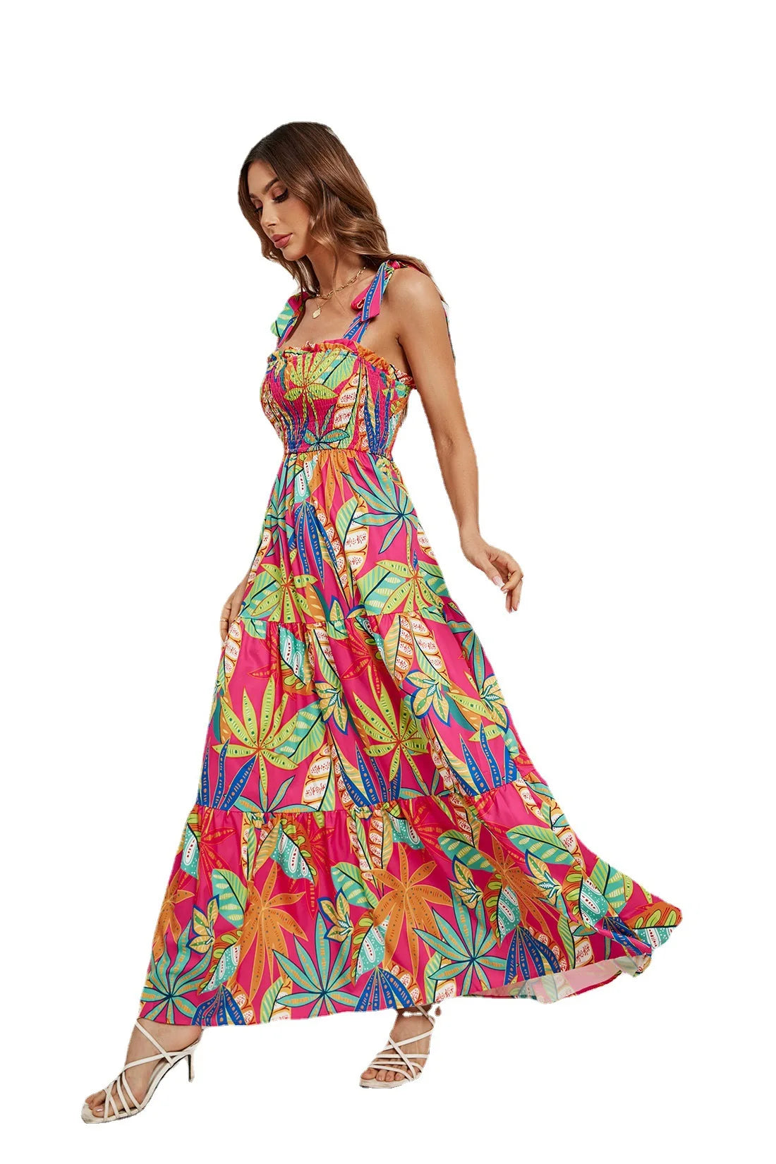 2024 Women's Summer Casual Beach Dress Sexy Digital Printed Dress with Straps Wrapped Chest High Waist Eco-Friendly