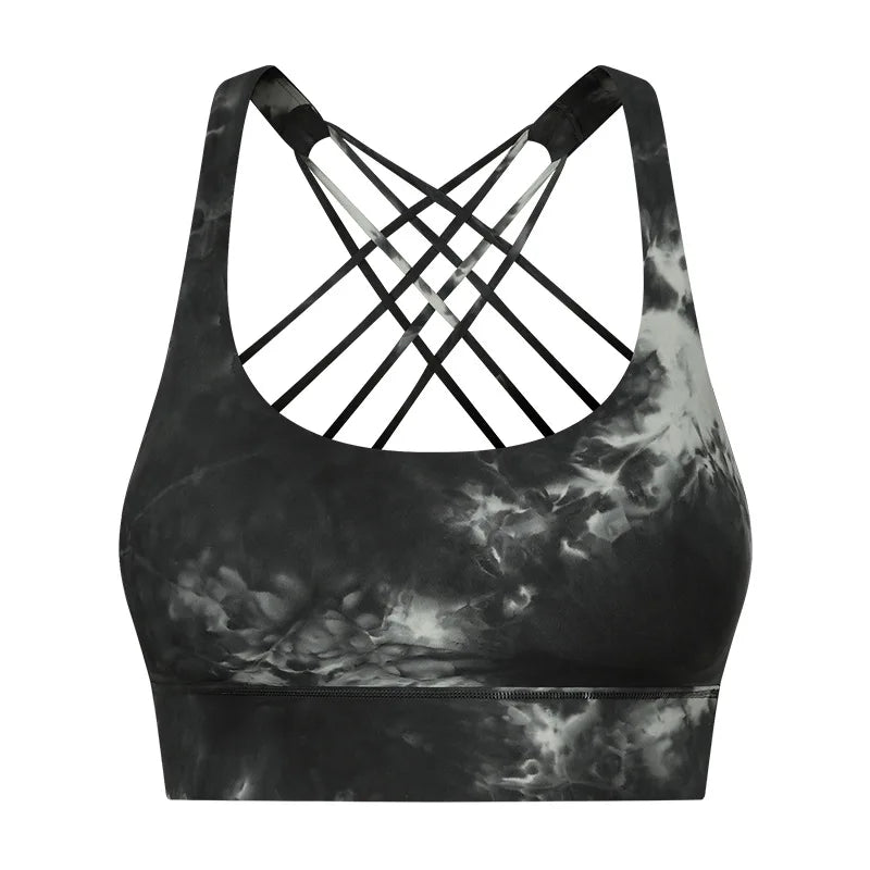 New Sexy Cross Strap Backless Plus Size Sports Bra Womens Gym Set with Seamless Thick Yoga Bra Printed Pattern Low Shipping Cost