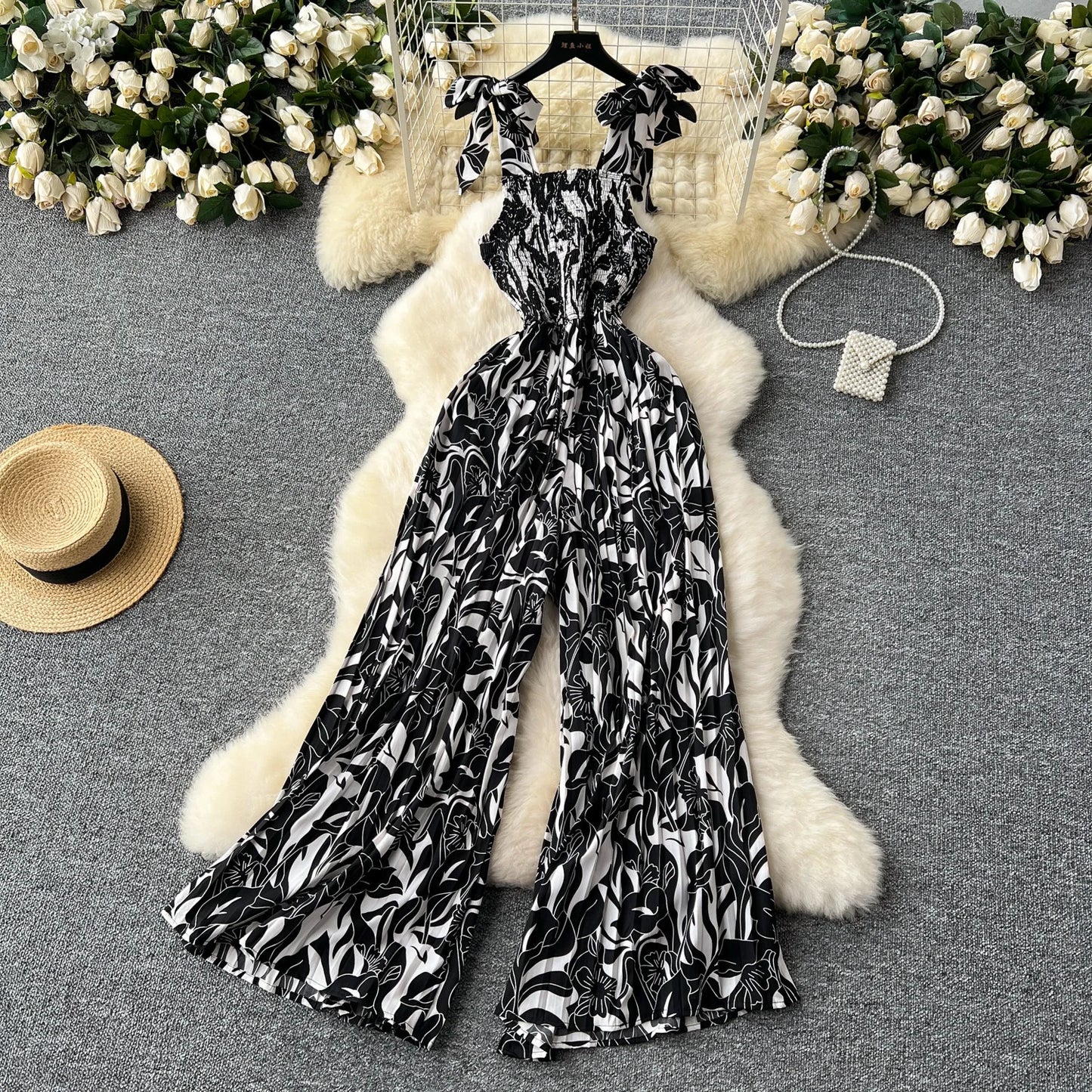 Summer Beach Style V-neck Tunic Jumpsuit for Women Sleeveless High Waist Floral Lace Long Jumpsuit Ladies Casual Overalls