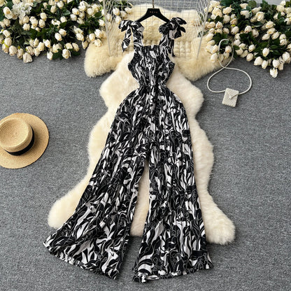 Summer Beach Style V-neck Tunic Jumpsuit for Women Sleeveless High Waist Floral Lace Long Jumpsuit Ladies Casual Overalls