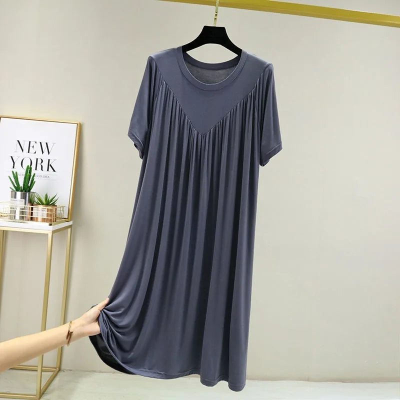 Summer New Women'S Loose Versatile Short-Sleeved Round Neck Nightgown Solid Color Dresses