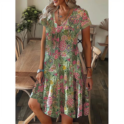 Women's Party Formal V-Neck Summer Jersey Dress Long Knee Floral Printed Full Digital Regular Fit Short Sleeved Woven Breathable