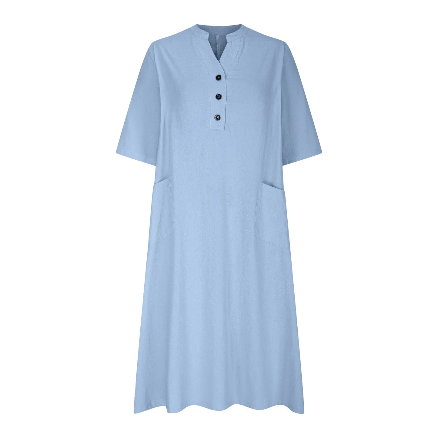 Women's Solid Color Medium Long Dress V-neck Half Sleeve Loose Pocket Dress Custom logo