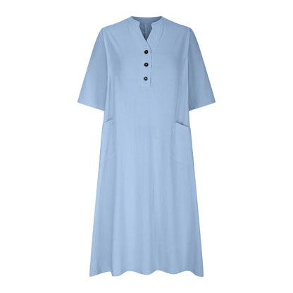 Women's Solid Color Medium Long Dress V-neck Half Sleeve Loose Pocket Dress Custom logo