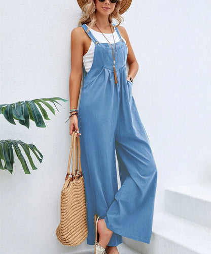 2025 Women's Summer Retro Style Jumpsuit New Style Solid Color Casual Strap Pants Loose Fit Breathable with Art Retro Pocket
