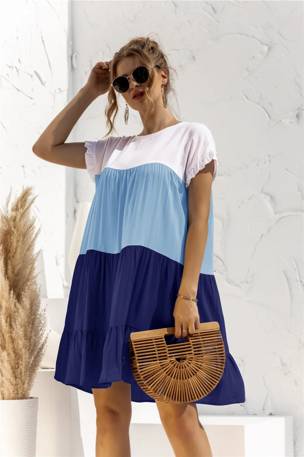 ANSZKTN Spring Summer Pacthwork Hot Selling Color Blocking Short Sleeve Loose Casual Dresses for Women