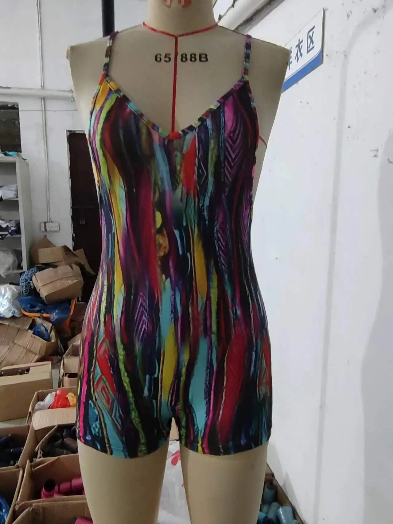 New Fashion XS Tie Dyed Summer Cami Jumpsuits Women V Neck Backless Sleeveless Skinny Sexy Romper Bodysuit
