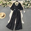 Casual V Neck Slim Jumpsuit for Women Puff Sleeve High Waist Printed Lace Long Jumpsuit Wholesale