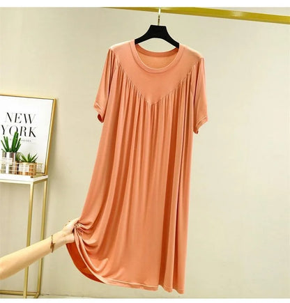 Summer New Women'S Loose Versatile Short-Sleeved Round Neck Nightgown Solid Color Dresses