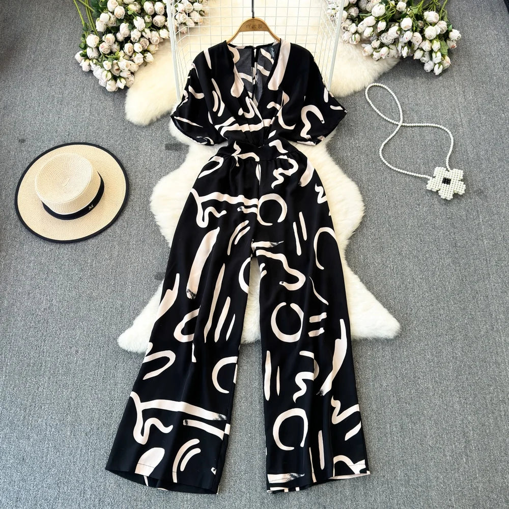 Fashion Short Sleeve V-Neck Casual High Waist Printed Wide Leg Jumpsuit