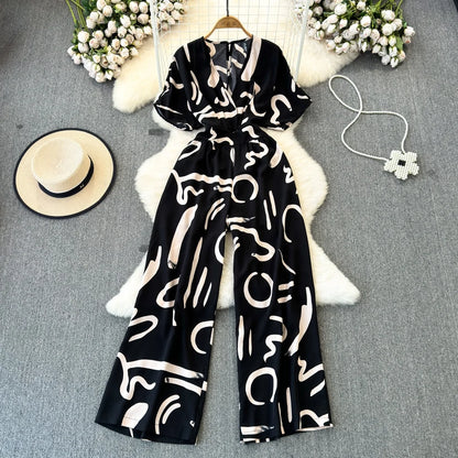 Fashion Short Sleeve V-Neck Casual High Waist Printed Wide Leg Jumpsuit