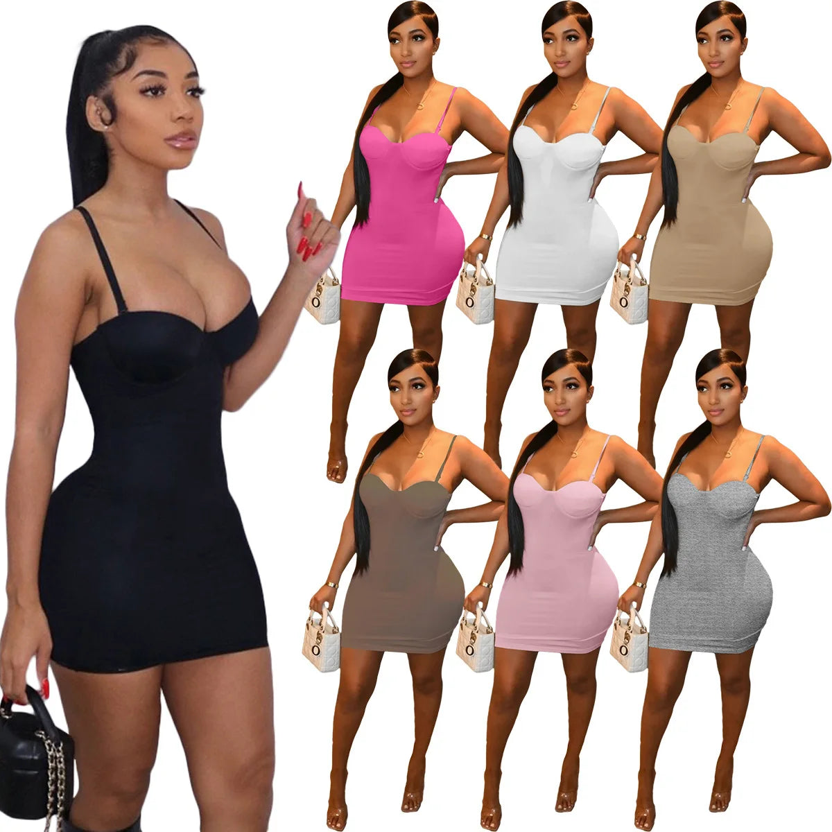2024 Summer Women's New Sexy Satin Bodycon Dress Low-cut Suspenders High Waist Slim Casual Style Breathable Natural Waistline