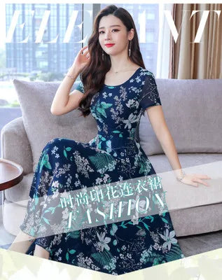 Summer Dress Women's Short-sleeved Temperament  Floral Round Neck Mid-length Floral Print Dress for Women