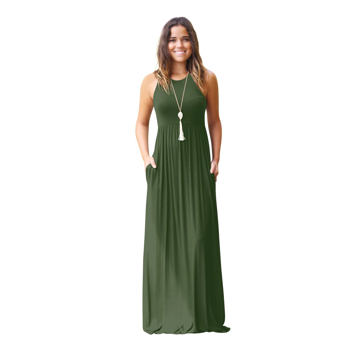 Female Solid Long Boho Dress Lady Beach Summer Sundrss Maxi Dress Women's Sleeveless Solid Color Pocket Dress Vestido De Verano