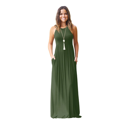 Female Solid Long Boho Dress Lady Beach Summer Sundrss Maxi Dress Women's Sleeveless Solid Color Pocket Dress Vestido De Verano