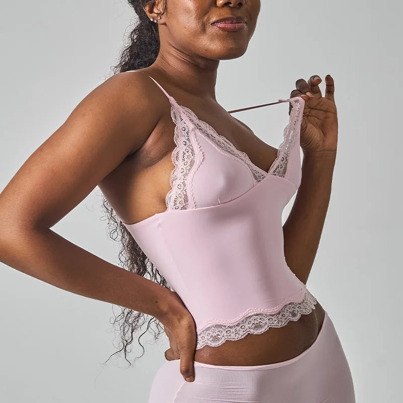 SK1268 Deep V Lace Trim Sleeveless  Cami Top with Nylon Spandex Fabric Mid Stretch Slim Fit Daily Layering Tank