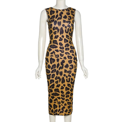 INS Wind New Summer Women's Clothing Ladies Fashion Round Neck Sleeveless Sexy Backless Slim Bodycon Leopard Casual Dresses