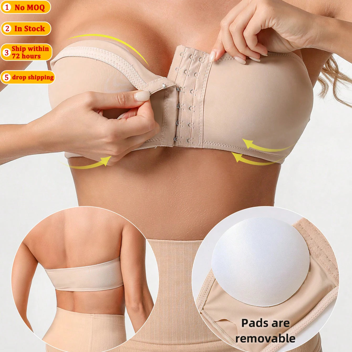 Women's Strapless Bra Women Seamless Invisible Tube Tops One-Piece Push Up Bras Front Button Bra Padding Beauty Back Breathable