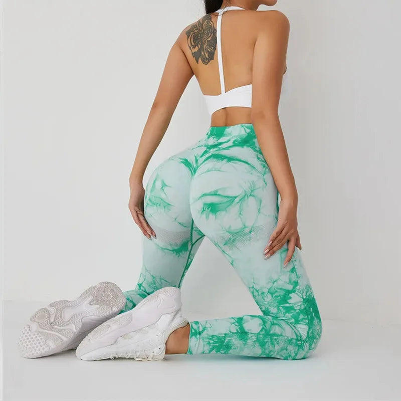 Seamless High Waist Yoga Tights Women Tie-Dye Ruched Butt Lifting Sports Leggings