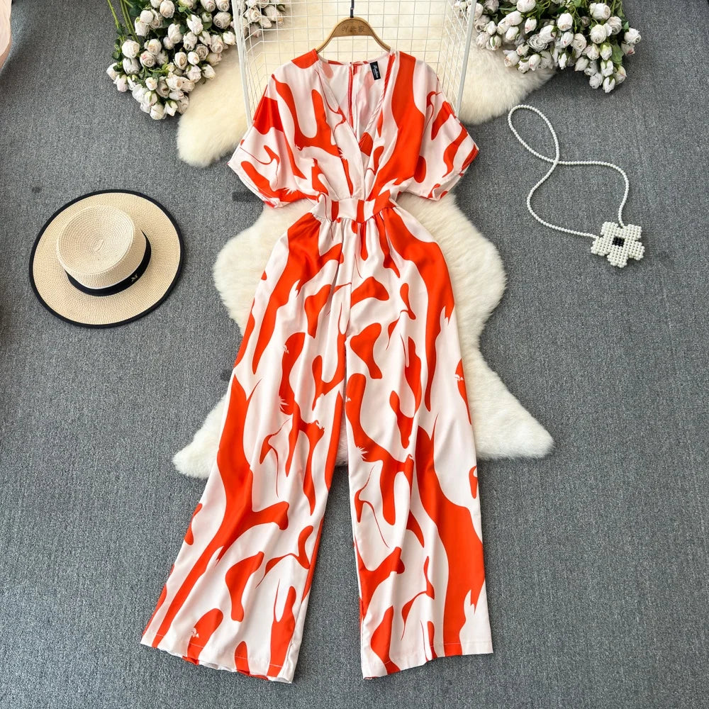 Fashion Short Sleeve V-Neck Casual High Waist Printed Wide Leg Jumpsuit