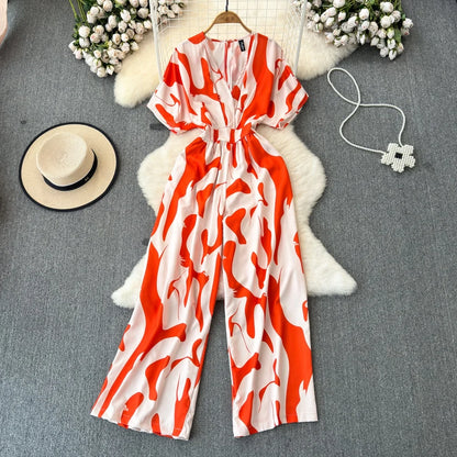 Fashion Short Sleeve V-Neck Casual High Waist Printed Wide Leg Jumpsuit