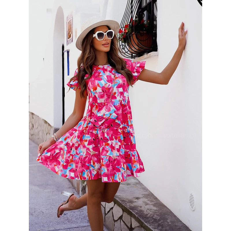 Summer Fashion Print A-line Dress Women O-neck Short Sleeve Ruffles Casual Loose Mini Dress 2023 Ladies Holiday Beach Dresses