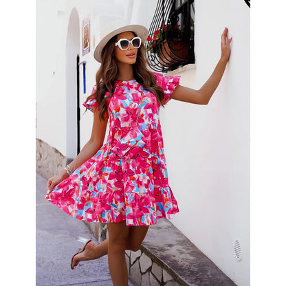 Summer Fashion Print A-line Dress Women O-neck Short Sleeve Ruffles Casual Loose Mini Dress 2023 Ladies Holiday Beach Dresses