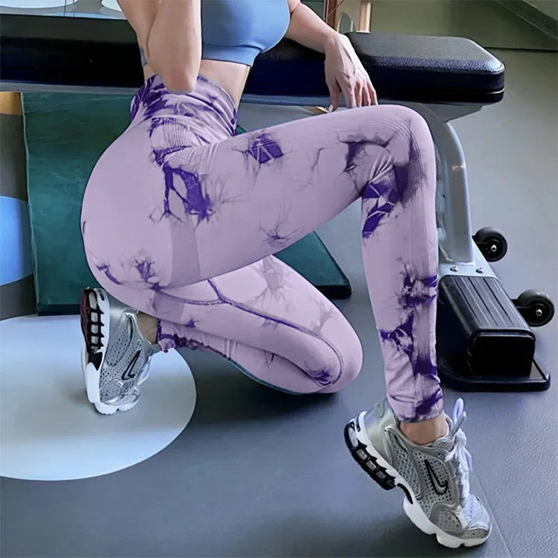 Seamless High Waist Yoga Tights Women Tie-Dye Ruched Butt Lifting Sports Leggings