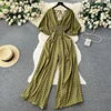 Casual V Neck Slim Jumpsuit for Women Puff Sleeve High Waist Printed Lace Long Jumpsuit Wholesale