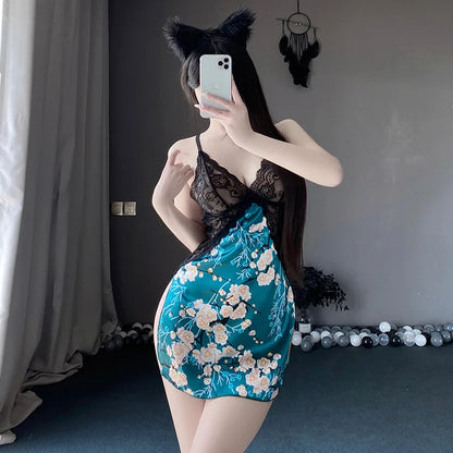 Sexy Deep V Lace 2-Piece Sleeveless Lingerie Set Women Sleepwear Nightgown Slim Fit Exotic Intimate Apparel Underwear Nighty