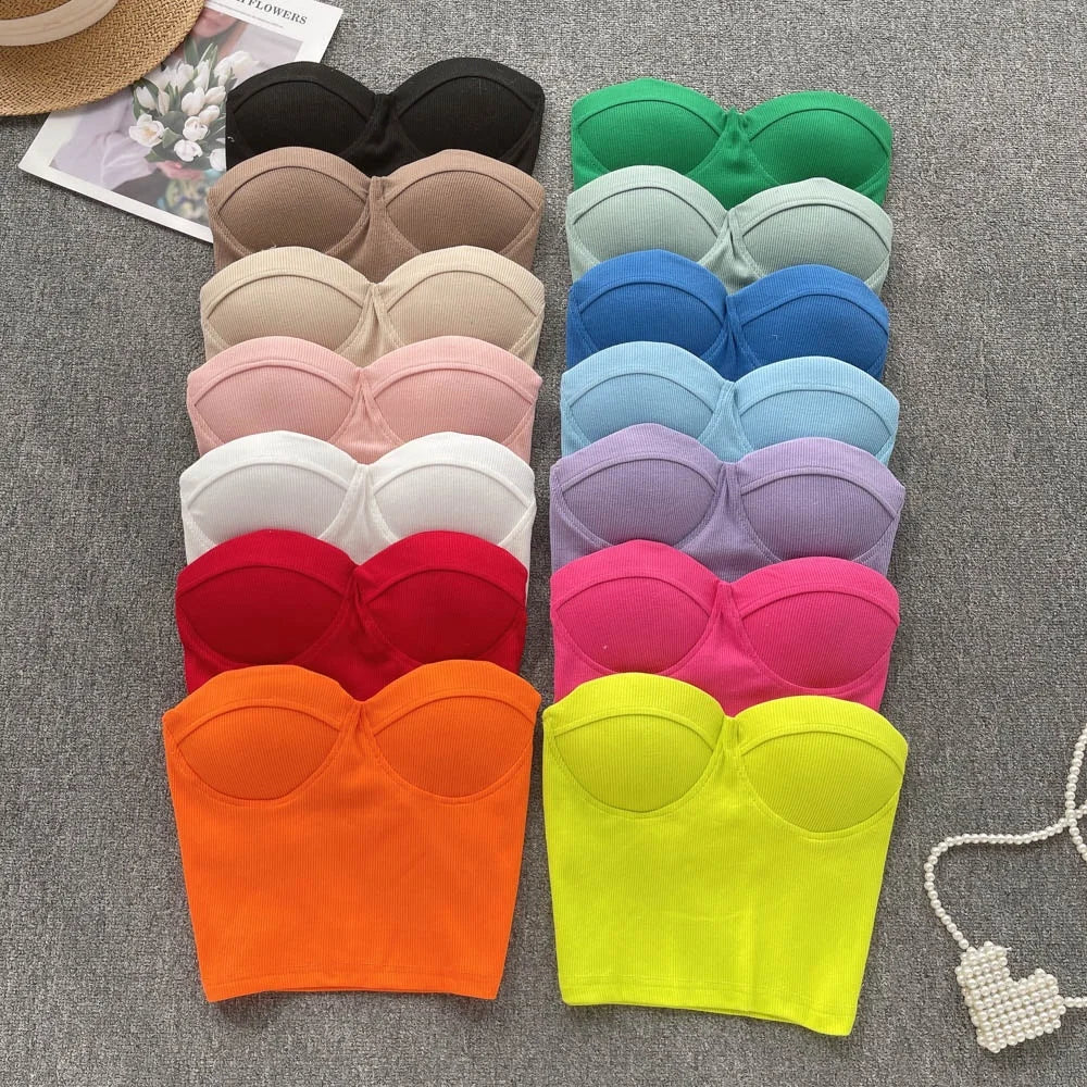 2024 Summer Sexy Crop Top Women Sleeveless Strapless Solid American Style Cami Tank Top Girls Bustier Corset Shirt Top Wholesale