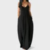 Women's Solid Color Sexy Deep V Neck Suspender Strap Loose Pockets Suspender Skirt