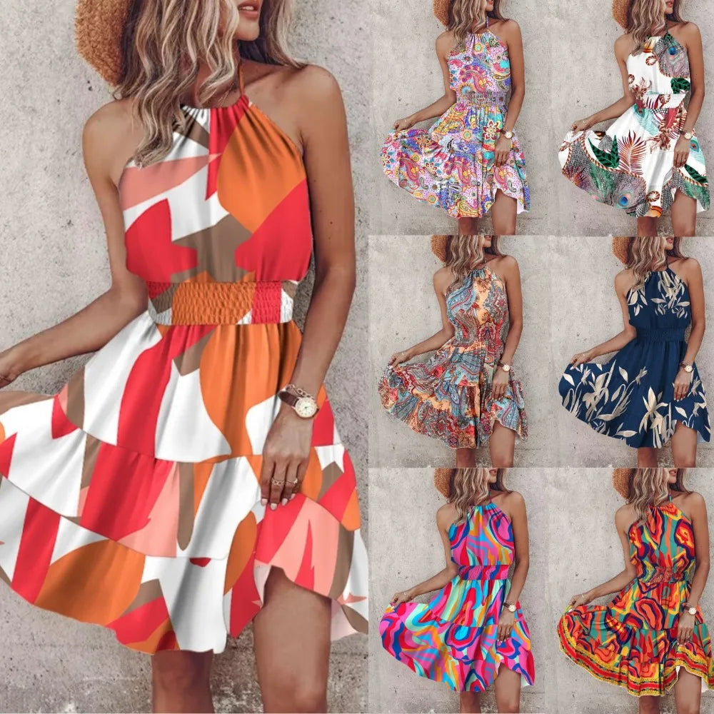 Women Clothes 2024 Spring and Summer New Fashion Sexy Off-shoulder Halter Neck Pattern Print Women's Dress