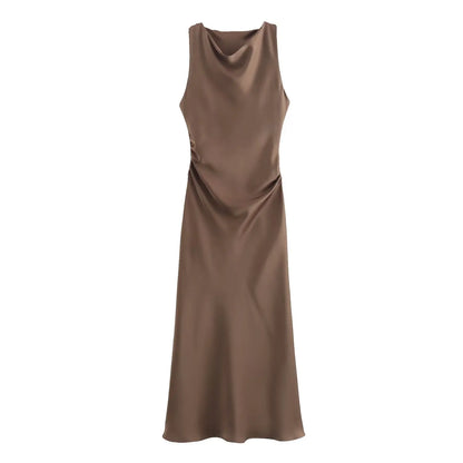 2024  Women's Purple Satin Midi Dress New Sleeveless Slim Pleated Vest Long Skirt Pattern Solid Vestidos Mujer