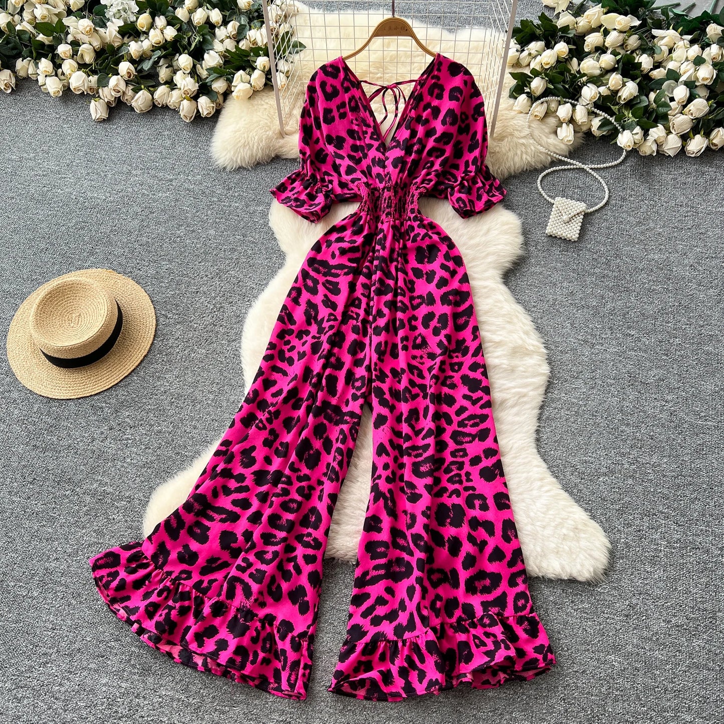 Summer Casual V-Neck Tunic Jumpsuit For Women Flare Sleeve High Waist Leopard Printed Lace Long Jumpsuit Wholesale