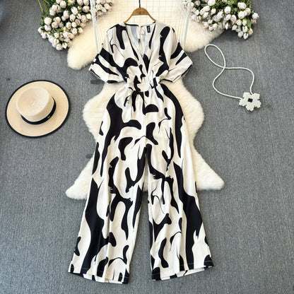 Fashion Short Sleeve V-Neck Casual High Waist Printed Wide Leg Jumpsuit