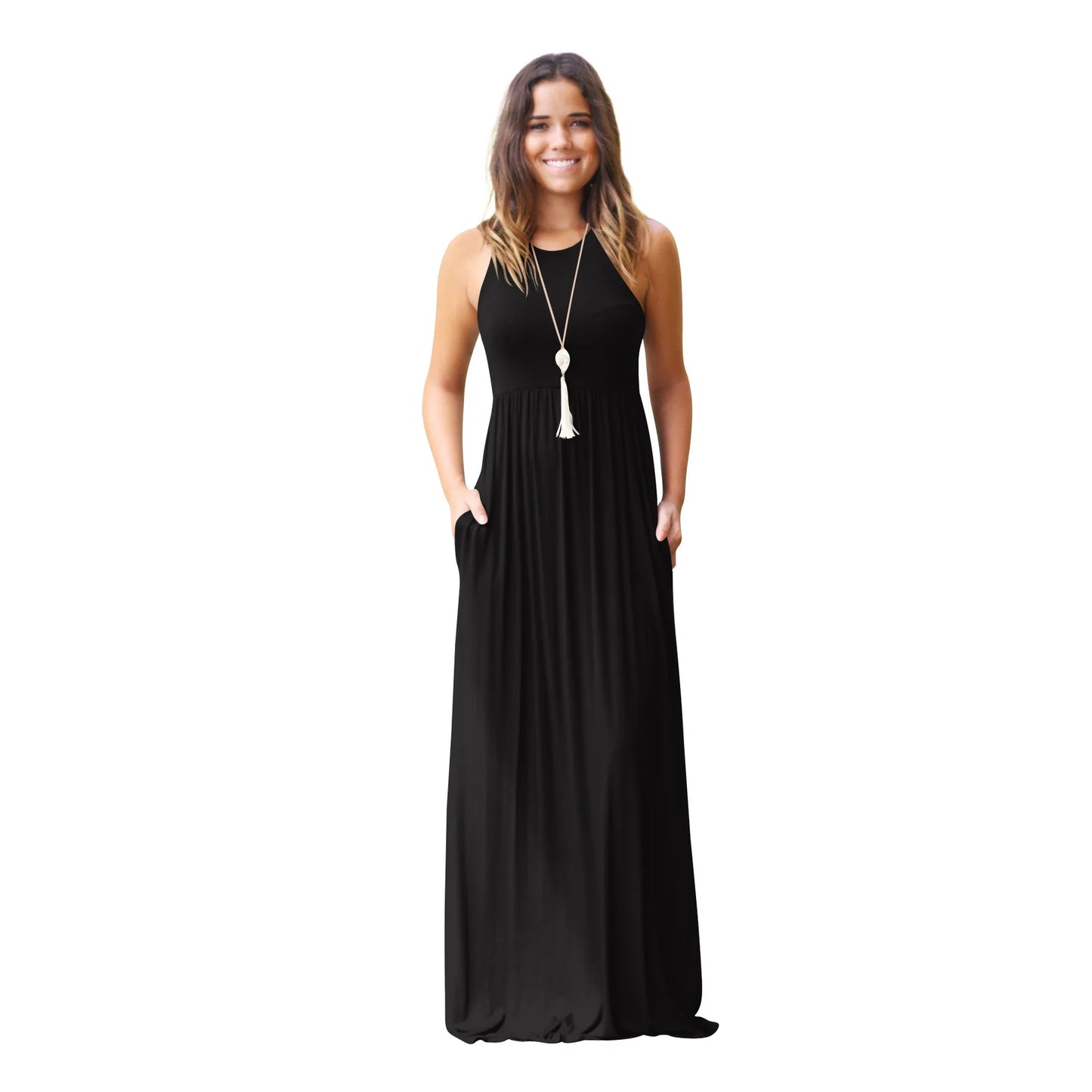 Female Solid Long Boho Dress Lady Beach Summer Sundrss Maxi Dress Women's Sleeveless Solid Color Pocket Dress Vestido De Verano