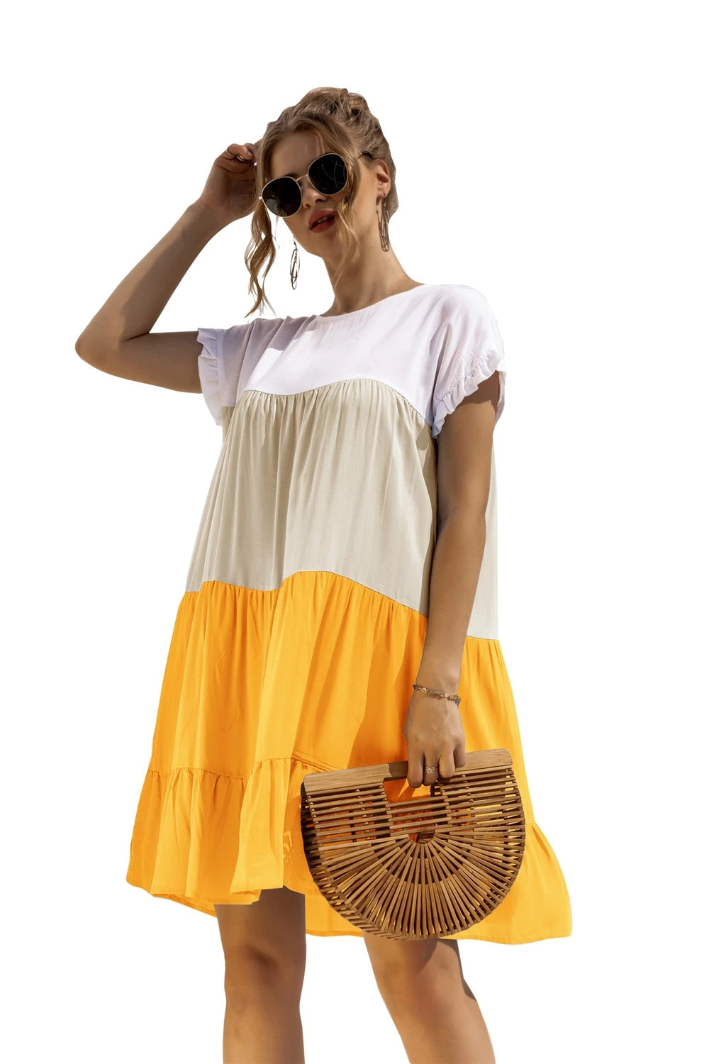 ANSZKTN Spring Summer Pacthwork Hot Selling Color Blocking Short Sleeve Loose Casual Dresses for Women