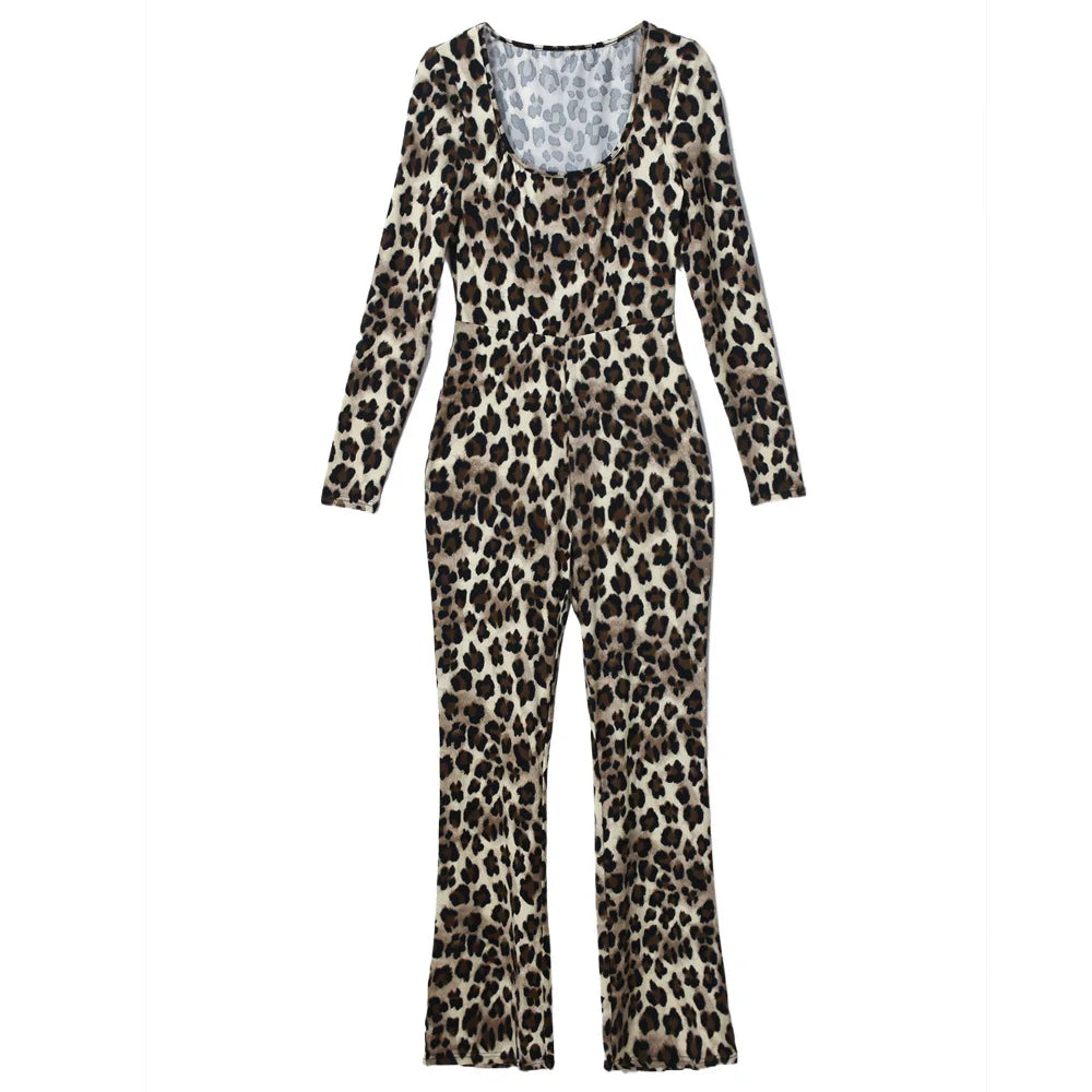 Women Chic Leopard Print Long-Sleeve Jumpsuit Elegant Sexy Design Slim Women Casual Jumpsuits Bodysuits