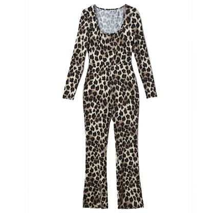 Women Chic Leopard Print Long-Sleeve Jumpsuit Elegant Sexy Design Slim Women Casual Jumpsuits Bodysuits
