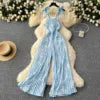 Summer Beach Style V-neck Tunic Jumpsuit for Women Sleeveless High Waist Floral Lace Long Jumpsuit Ladies Casual Overalls