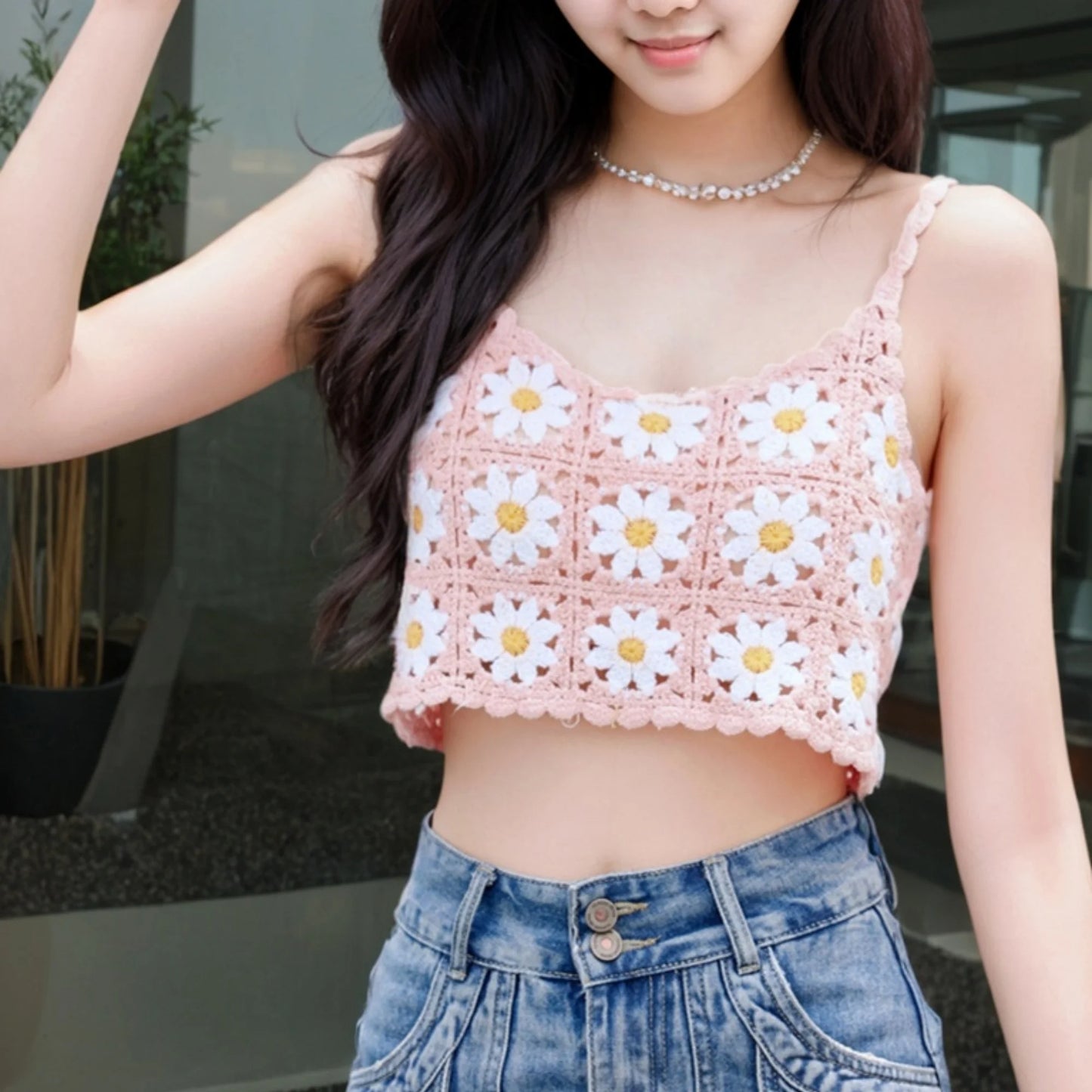 Summer Women Square Collar Breathable Knitted Hollow Out Crochet Cami Top Daisy Color Sexy Crop Tank Vest Club