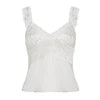 Z-2997 Women's White Lace V-Neck Satin Camisole Soft Breathable Sleeveless Tank with Wide Straps Elegant Casual Sheer Top