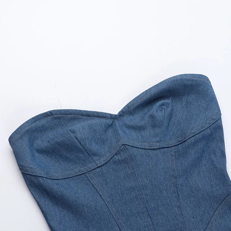 Strapless off Shoulder Denim Mini Dress Clubwear for Women's 2024 Summer Vintage Jeans Dresses
