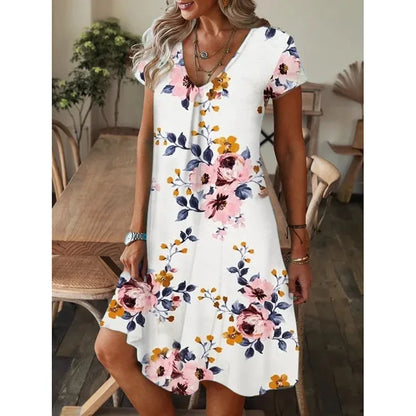 Women's Party Formal V-Neck Summer Jersey Dress Long Knee Floral Printed Full Digital Regular Fit Short Sleeved Woven Breathable